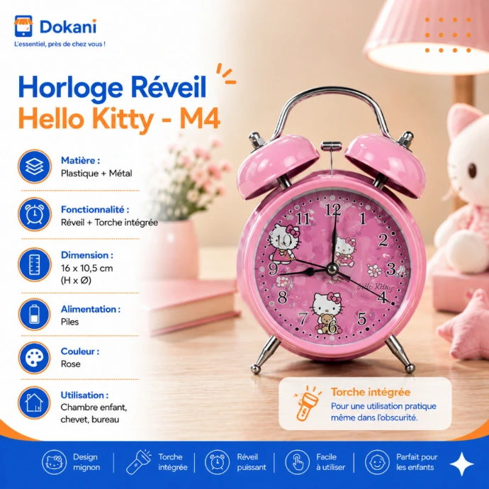 Horloge reveil pour enfant Hello Kitty modele M4 de couleur rose en plastique et metal avec sa double cloche superieure et son bouton de torche integree.