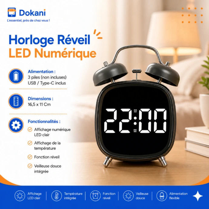 Horloge reveil numerique moderne a affichage LED blanc brillant indiquant l'heure et la temperature ambiante avec sa veilleuse douce integree au chassis.