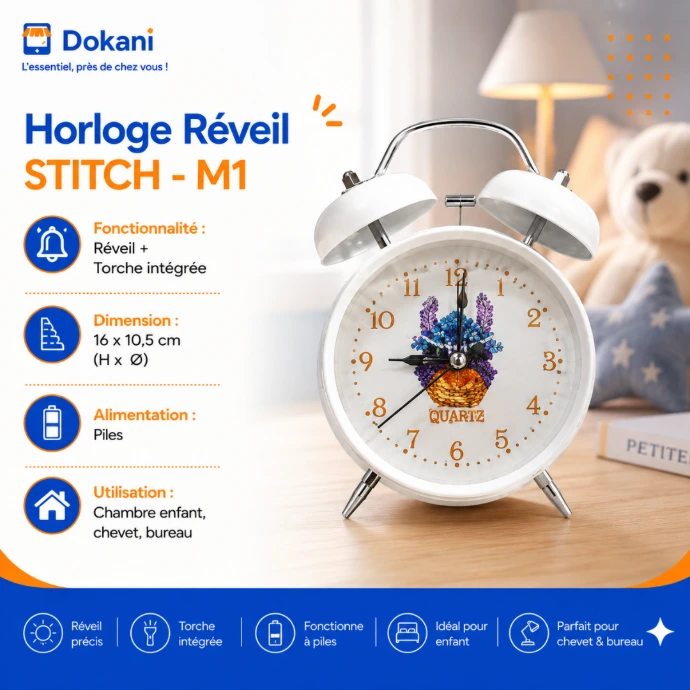 Horloge reveil pour enfant Stitch modele M1 aux motifs colores avec sa double cloche metallique superieure et son bouton de torche lumineuse integree.