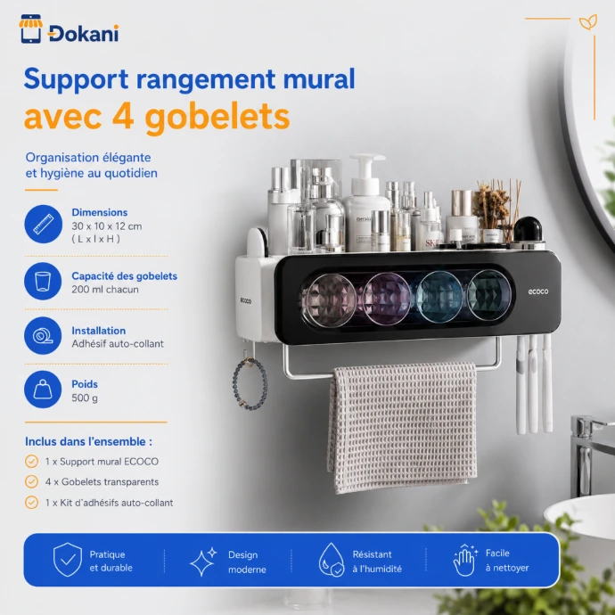 :Support de rangement mural familial de la marque ECOCO en ABS blanc avec ses quatre gobelets transparents de 200 ml suspendus.