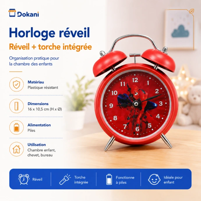 Horloge reveil pour enfant Spiderman modele M3 aux motifs colores d'action avec sa double cloche metallique superieure et son bouton de torche lumineuse integree.