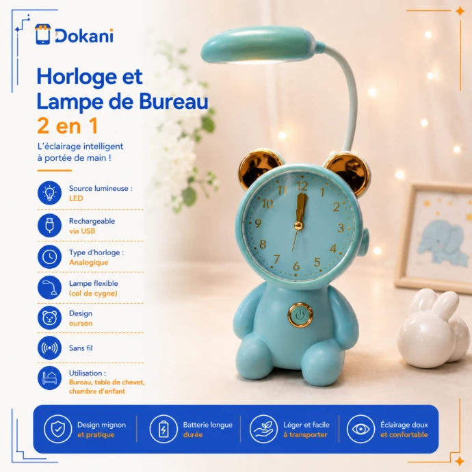 Lampe de bureau enfant 2-en-1 bleu ciel en forme d'ourson avec son horloge analogique integree au centre et son col de cygne flexible a LED blanche.
