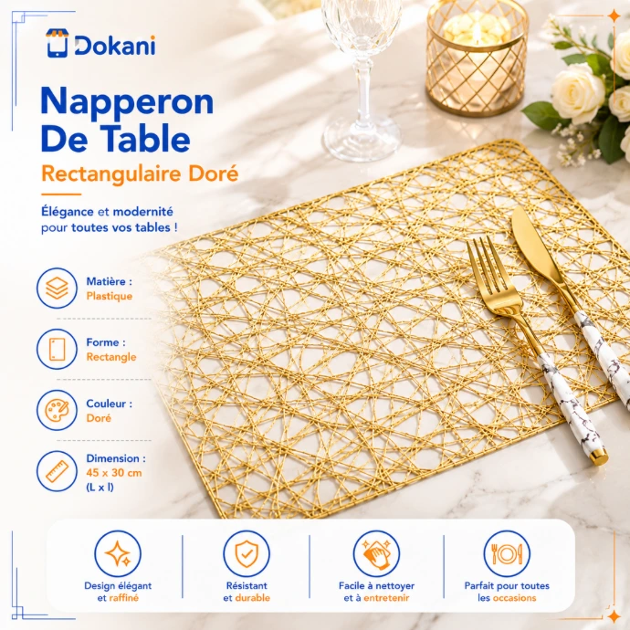 Napperon de table rectangulaire de couleur dore en plastique elegant avec des motifs ciseles pose sur une nappe pour la decoration de table.