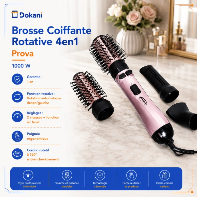 Brosse coiffante rotative 4en1 Prova de 1000W avec ses embouts interchangeables, sa poignee ergonomique et ses boutons de rotation automatique droite et gauche.