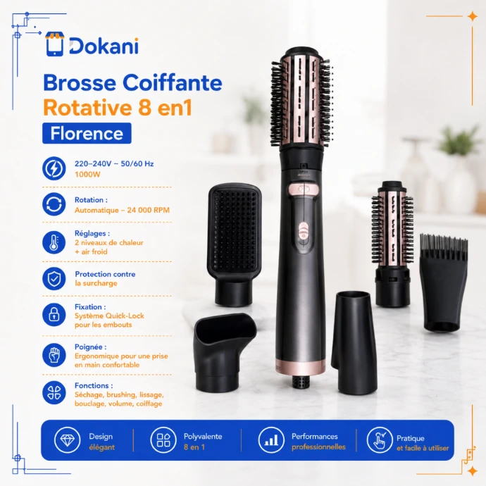 Brosse coiffante rotative 8en1 Florence de 1000W avec ses 8 embouts interchangeables, son systeme de fixation Quick-Lock et ses boutons de reglage thermique.