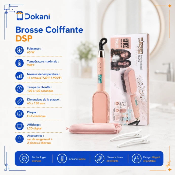 Brosse coiffante et lissante professionnelle de la marque DSP avec plaques en céramique, écran LCD digital et accessoires comprenant un sac de rangement et deux pinces.