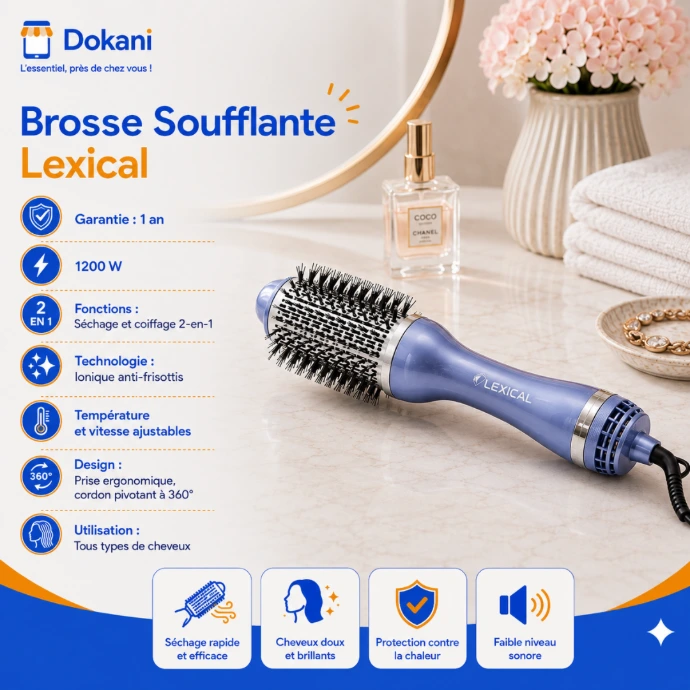 Brosse soufflante et séchante 2-en-1 de la marque Lexical en coloris bleu de 1200 W avec cordon pivotant à 360 degrés et manche ergonomique.