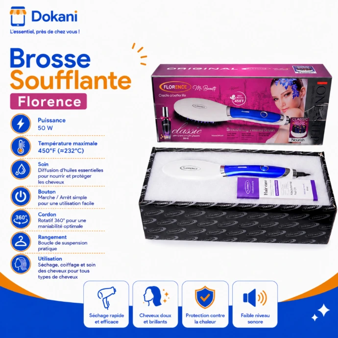 Brosse soufflante et coiffante Florence de couleur bleu moderne de 50W avec systeme de diffusion de serum aux huiles essentielles et cordon rotatif a 360 degres.