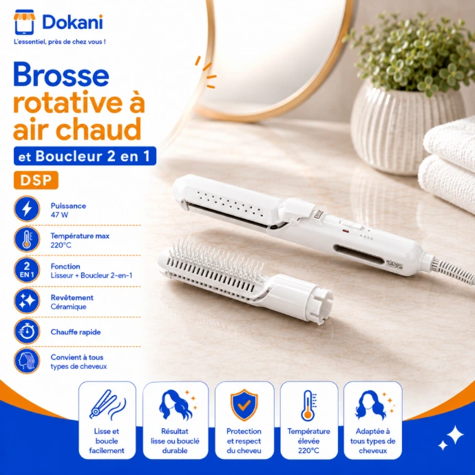 Brosse rotative chauffante à air chaud et fer à boucler 2-en-1 de la marque DSP avec revêtement en céramique et poignée ergonomique.