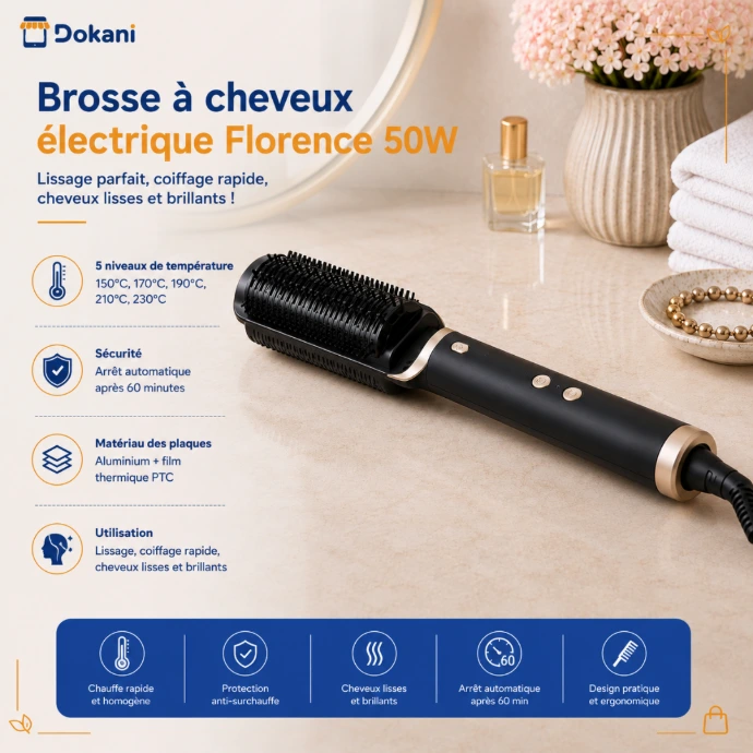 Brosse à cheveux lissante électrique de la marque Florence avec boutons de réglage de température, plaques en aluminium et film thermique PTC.