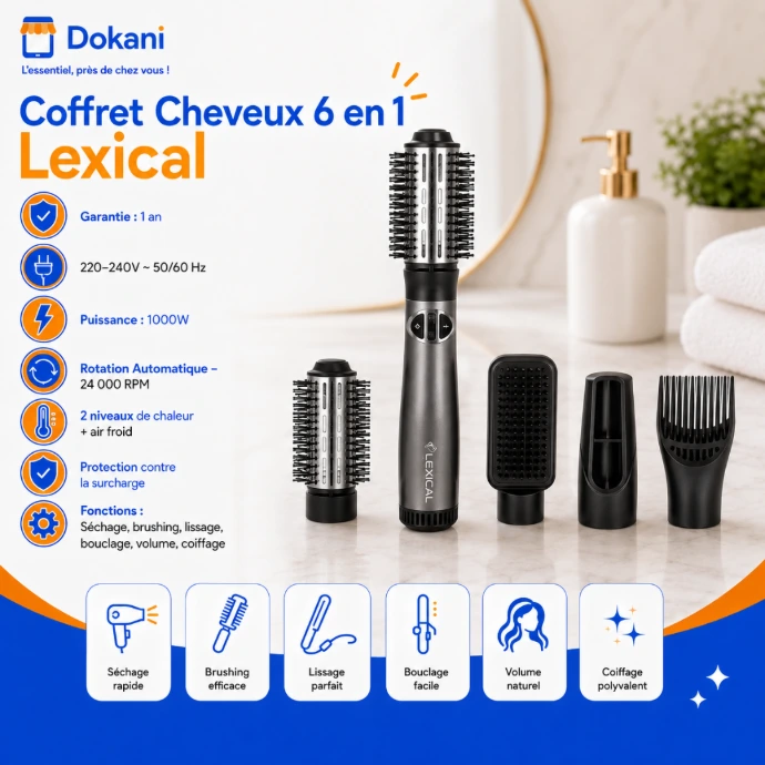 Coffret de coiffure complet 6-en-1 Lexical de 1000W avec ses six embouts interchangeables a fixation Quick-Lock et sa poignée ergonomique.