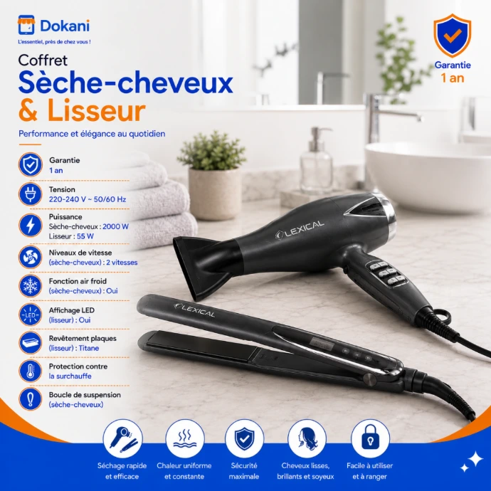 Coffret de coiffure duo Lexical comprenant un sèche-cheveux noir haute puissance de 2000W et un fer à lisser haut de gamme de 55W doté de plaques lissantes en titane et d'un écran LED.