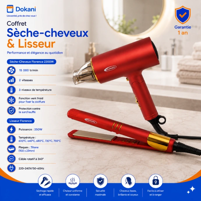 Pack duo de coiffure Florence de couleur rouge éclatante comprenant le sèche-cheveux de 2200W avec boucle de suspension et le fer à lisser en titane de 250W.