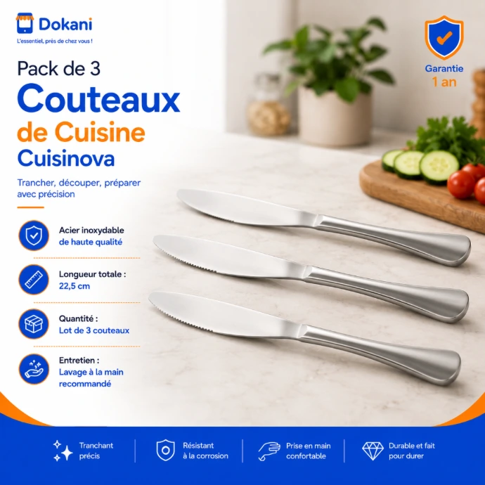 Pack de trois couteaux de table identiques Cuisinova de 22,5 cm avec des lames finement crantées en acier inoxydable et des manches noirs ergonomiques.
