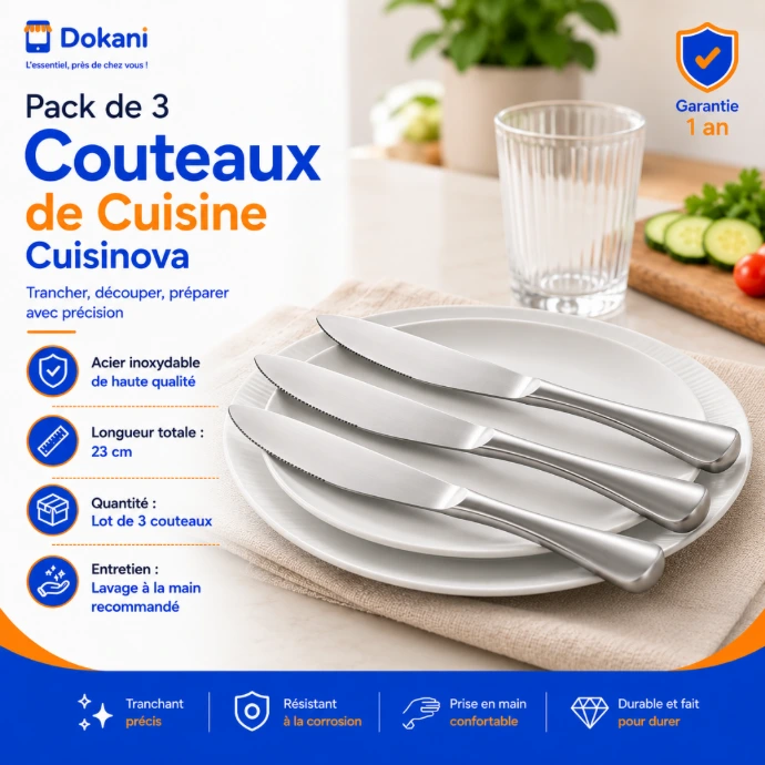 Pack de trois couteaux de table identiques Cuisinova de 23 cm avec des lames finement crantées en acier inoxydable et des manches noirs ergonomiques.