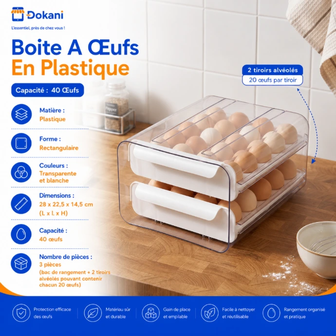 Organisateur de réfrigérateur grand format blanc et transparent composé d'un bac de rangement externe et de 2 tiroirs coulissants à alvéoles contenant chacun 20 œufs.