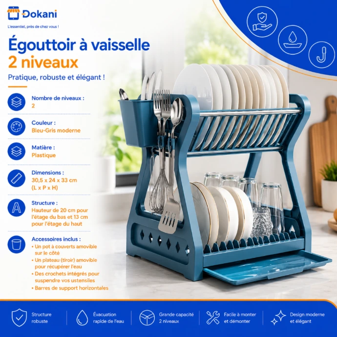 Égouttoir à vaisselle double niveau en plastique bleu-gris avec assiettes en haut, tasses en bas, pot à couverts amovible et tiroir de récupération d'eau.