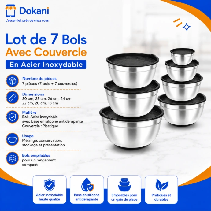 Série de sept bols de cuisine en acier inoxydable de tailles dégressives avec bases colorées en silicone antidérapant et leurs couvercles en plastique transparent.