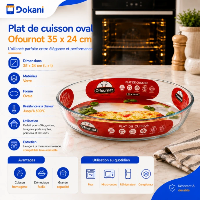 Plat de cuisson ovale transparent en verre borosilicate Ofournot de 35 x 24 cm posé sur une table de cuisine.