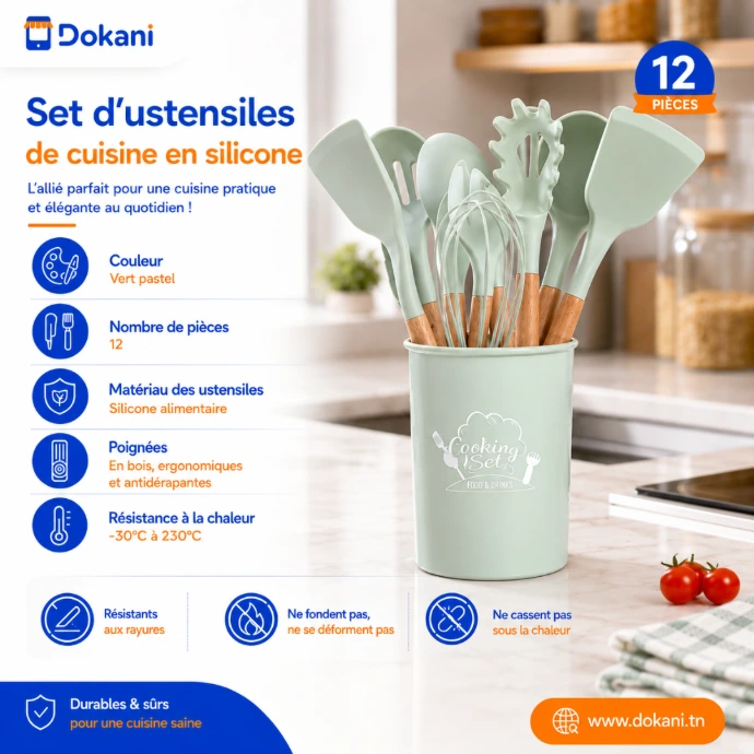 Set complet de 12 ustensiles de cuisine en silicone rose et manche en bois naturel, élégamment disposés dans leur boîte de rangement assortie sur un comptoir.