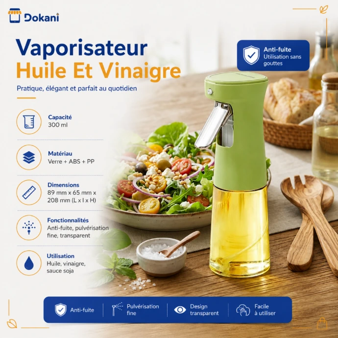 Flacon vaporisateur d'huile en verre transparent de 300 ml avec pompe et poignée ergonomique en ABS vert moderne.