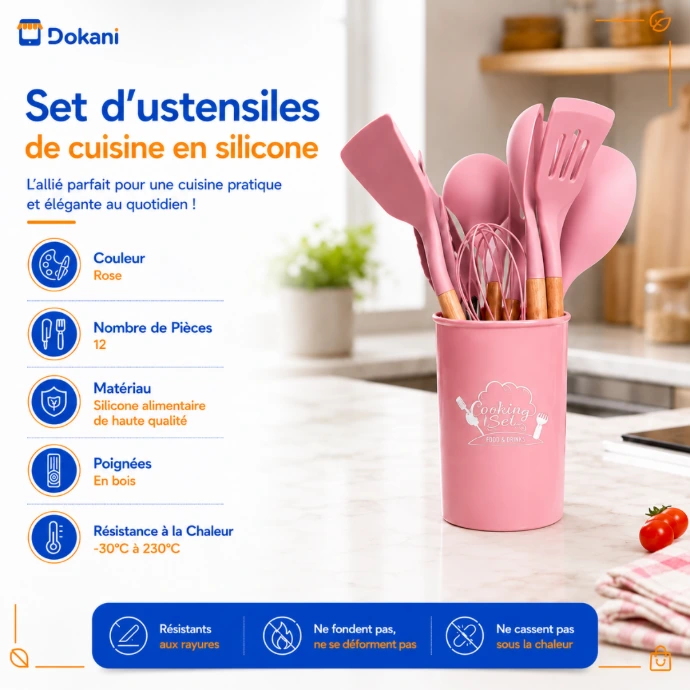 Set complet de 12 ustensiles de cuisine en silicone rose et manche en bois naturel, élégamment disposés dans leur boîte de rangement assortie sur un comptoir.