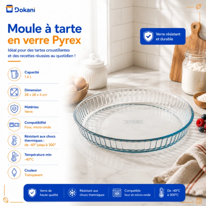 Moule à tarte rond et transparent en verre Pyrex de 28 cm avec rebords ondulés et poignées grips latérales ergonomiques.