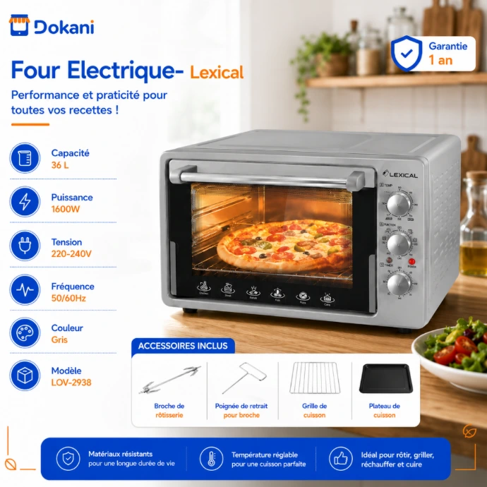 Four électrique posable Lexical gris de 36L avec porte vitrée, boutons rotatifs de réglage et kit rôtisserie complet.