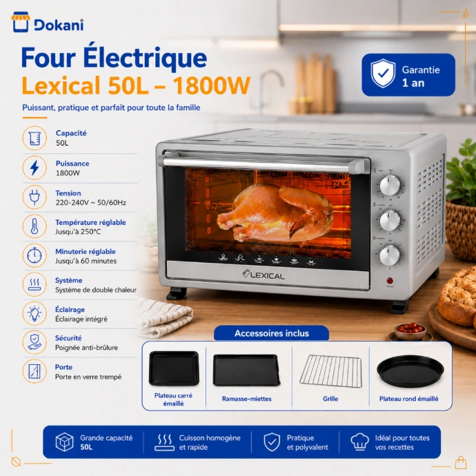 Grand four électrique posable Lexical gris de 50L avec éclairage intérieur activé, porte en verre trempé et double plateau de cuisson émaillé.