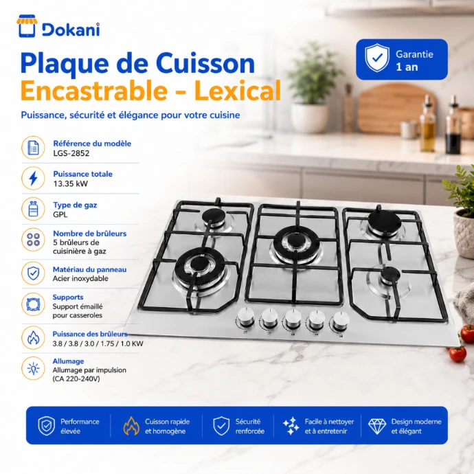 Plaque de cuisson à gaz encastrable Lexical en acier inoxydable poli dotée de 5 brûleurs de tailles différentes et de boutons de commande frontaux.