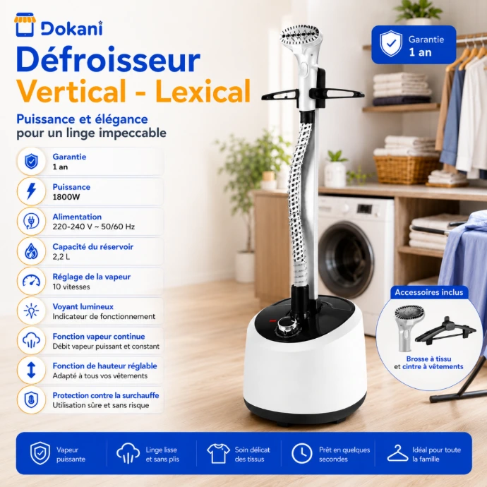 Défroisseur vapeur vertical Lexical blanc moderne avec mât télescopique réglable, cintre intégré et grand réservoir d'eau amovible.