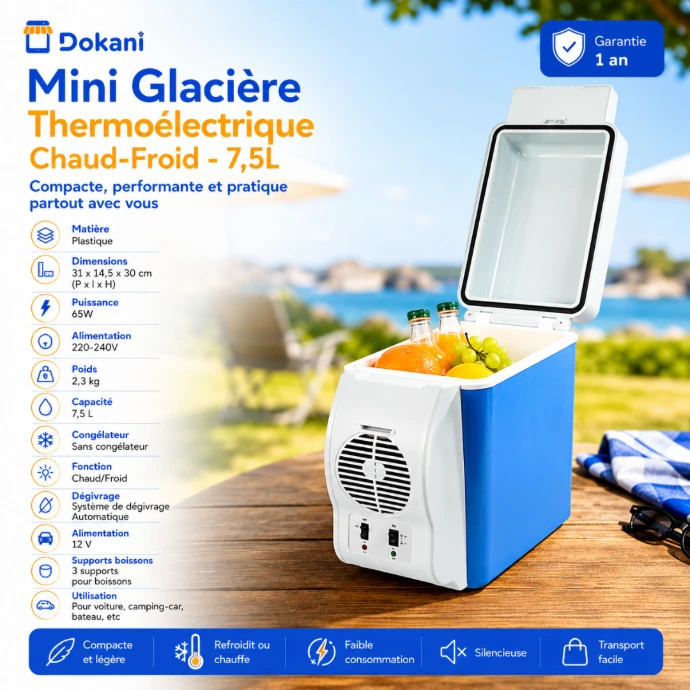 Mini glacière thermoélectrique bleue de 7,5 litres avec 3 porte-gobelets intégrés sur le couvercle et sangle de transport.