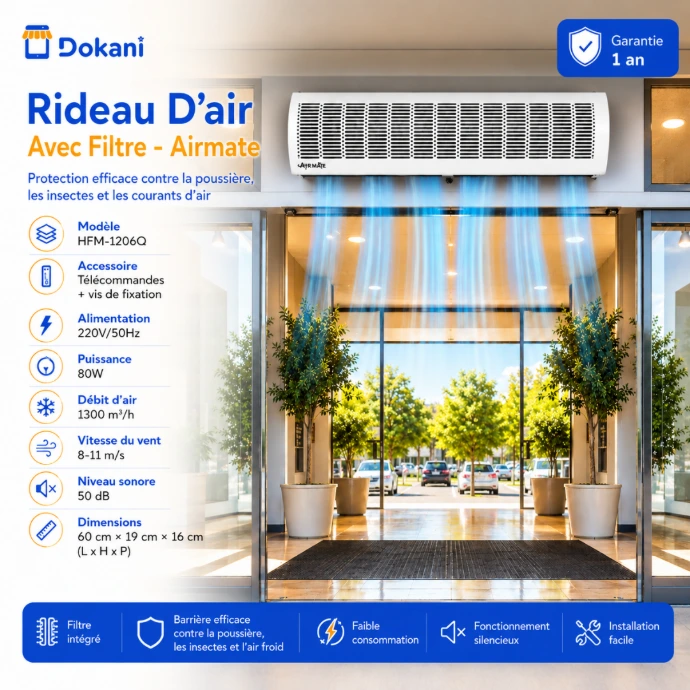 Rideau d'air horizontal AirMate blanc moderne de 60 cm installé au-dessus d'une porte avec télécommande infrarouge à côté.