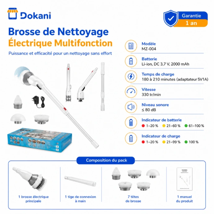 Brosse de nettoyage électrique rotative MZ-004 en action avec sa rallonge pour nettoyer les carreaux d'une salle de bain sans effort.