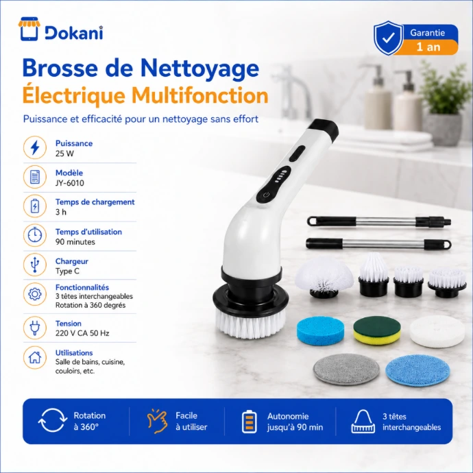 Brosse rotative électrique sans fil compacte JY-6010 en cours d'utilisation pour récurer les recoins d'un évier de cuisine.