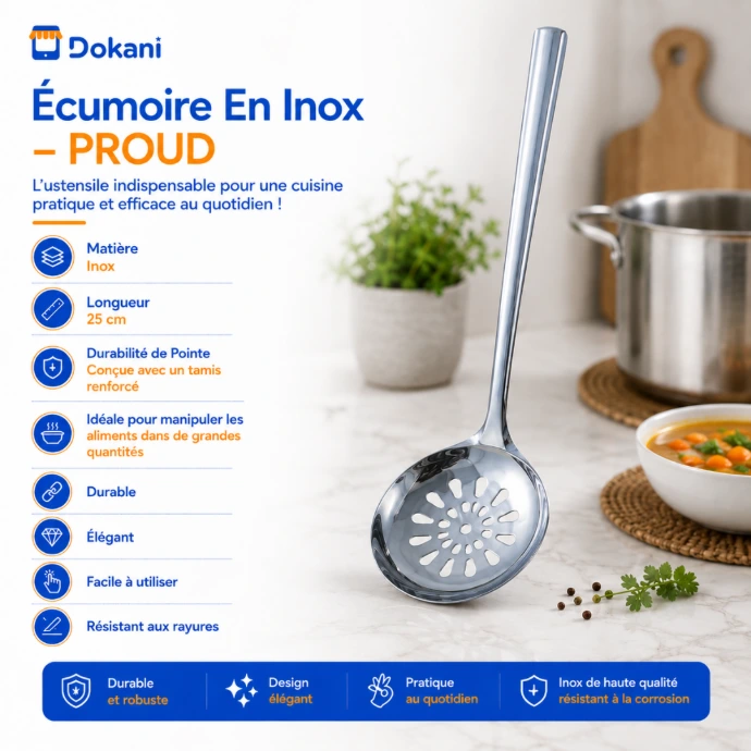 Écumoire de cuisine ronde en acier inoxydable de 25 cm de longueur avec tamis renforcé et manche ergonomique PROUD.