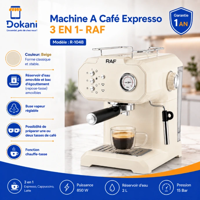 Machine à café expresso 3 en 1 RAF beige de 850W avec sa buse vapeur en train de préparer deux tasses de café simultanément.