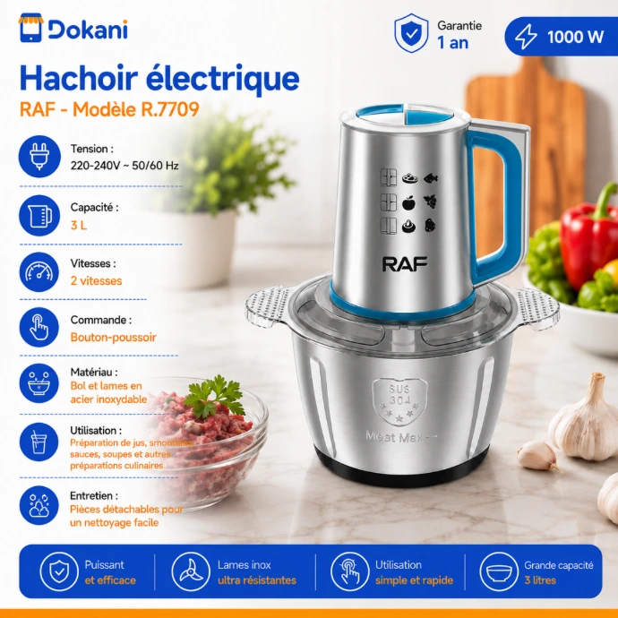 Hachoir électrique de cuisine RAF bleu de 1000W avec son grand bol de 3 litres et ses lames tranchantes en acier inoxydable.