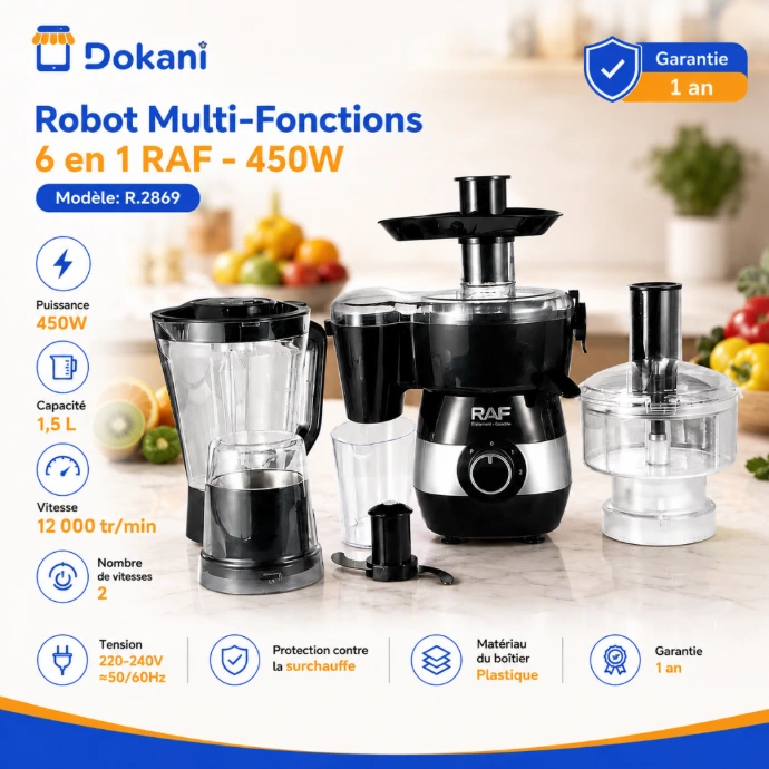 Robot multifonctions 6 en 1 compact RAF compact noir et blanc avec son bol mélangeur principal de 1,5 litre.