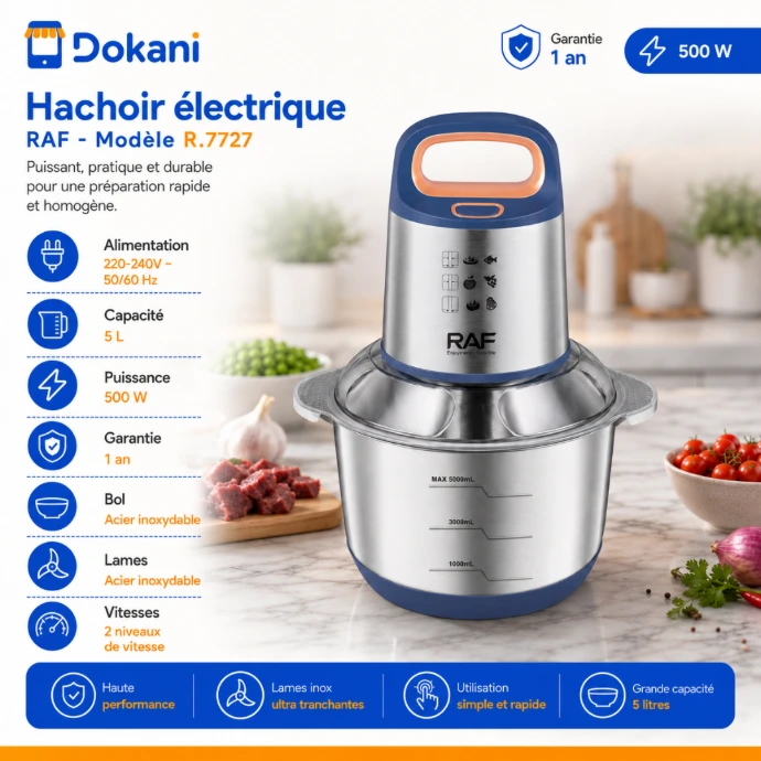 Hachoir électrique de cuisine RAF de 500W équipé d'un grand bol en acier inoxydable de 5 litres et d'un système de coupe performant à 5 lames.