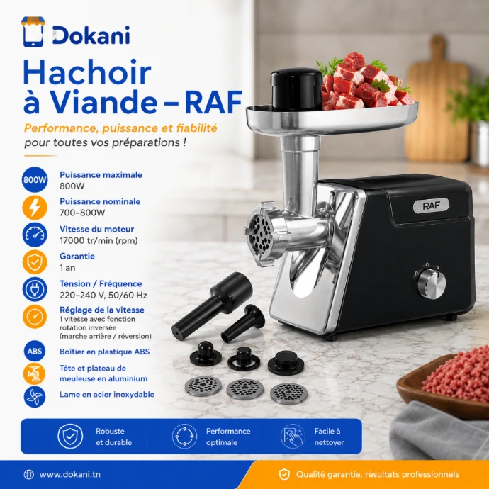 Hachoir à viande électrique RAF noir de 800W installé sur un plan de travail avec ses grilles de coupe et ses kits à saucisses.
