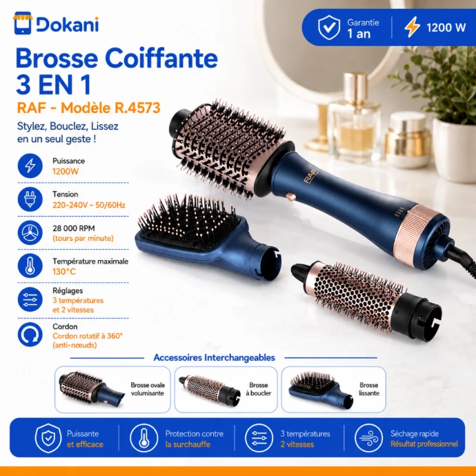 Brosse soufflante et coiffante 3 en 1 RAF bleu électrique avec ses trois têtes interchangeables pour lisser, boucler et donner du volume.