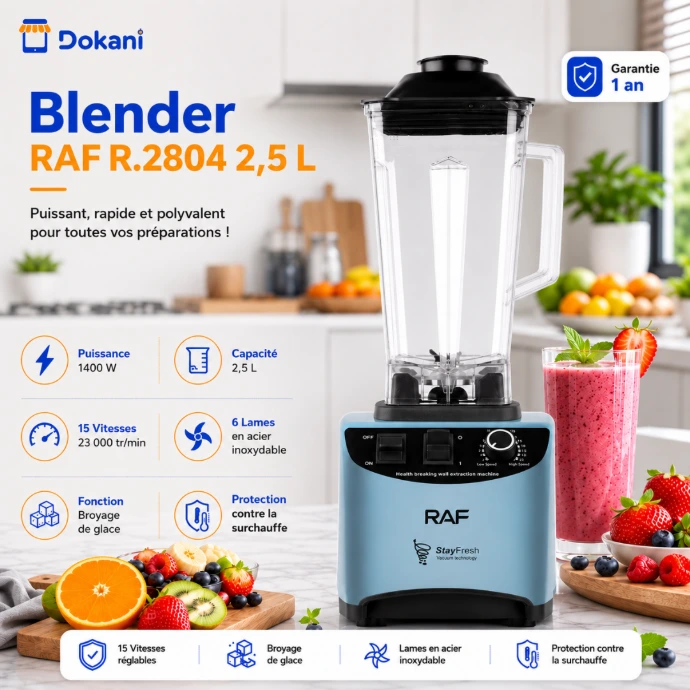 Puissant blender électrique professionnel RAF bleu de 1400W avec son grand bol de 2,5 litres et ses commandes de vitesse rotatives.