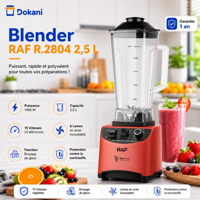 Puissant blender électrique professionnel RAF rouge de 1400W avec son grand bol de 2,5 litres et ses commandes de vitesse rotatives.