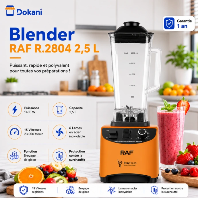 Puissant blender électrique professionnel RAF ora,nge de 1400W avec son grand bol de 2,5 litres et ses commandes de vitesse rotatives.