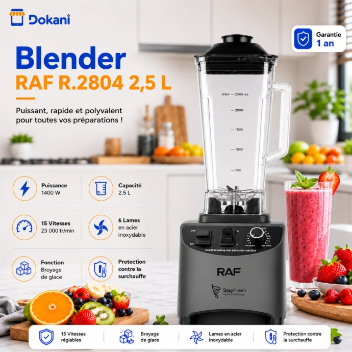 Puissant blender électrique professionnel RAF noir de 1400W avec son grand bol de 2,5 litres et ses commandes de vitesse rotatives.