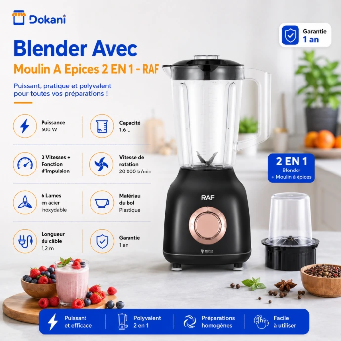 Blender électrique 2 en 1 RAF noir de 500W accompagné de sa verseuse de 1,6 litre et de son moulin à épices et café.