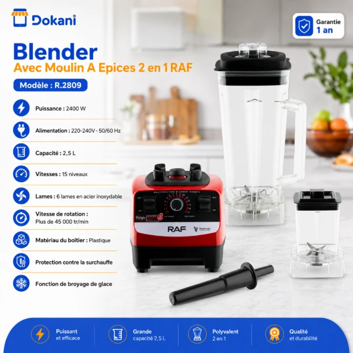 Blender professionnel 2 en 1 RAF rouge de 2400W avec son grand bol de 2,5 litres, son moulin à épices et son panneau de contrôle à 15 vitesses.