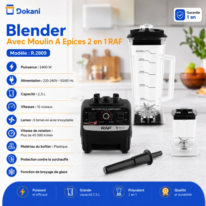 Blender professionnel 2 en 1 RAF noir de 2400W avec son grand bol de 2,5 litres, son moulin à épices et son panneau de contrôle à 15 vitesses.