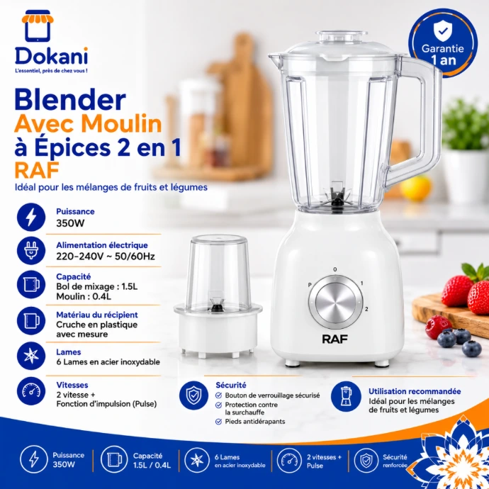 Blender électrique 2 en 1 RAF blanc de 350W à double récipient, comprenant sa verseuse graduée de 1,5 litre et son moulin à épices de 0,4 litre.